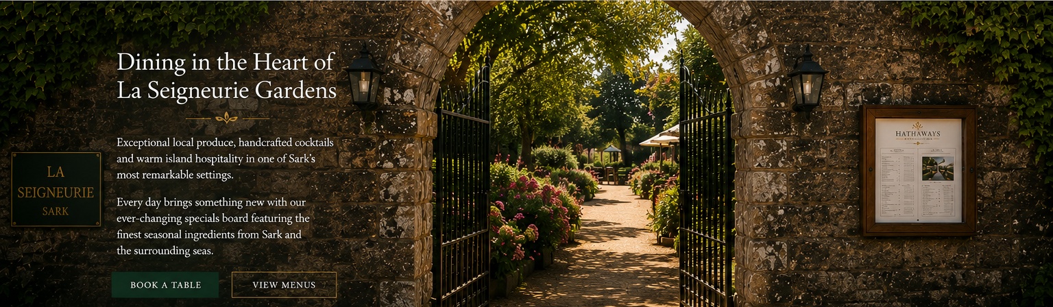 The gates of La Seigneurie Gardens leading to Hathaways Restaurant Sark